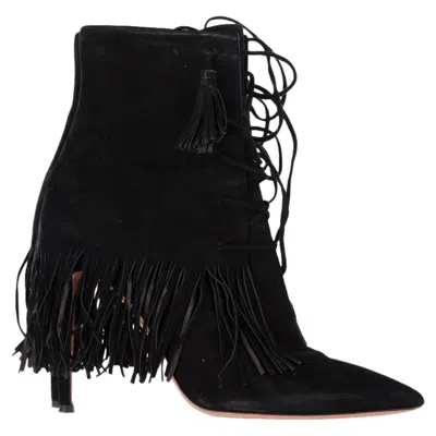 Aquazzura Mustang 105 Fringe Heeled Ankle Boots In Black Suede