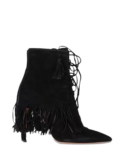 Pre-owned Aquazzura Mustang Fringed Heeled Ankle Boots In Black