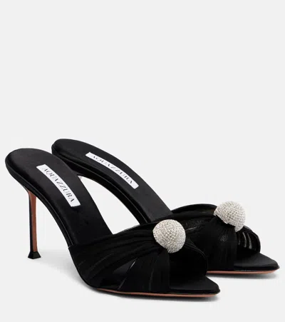 Aquazzura Mystery 85 Crystal-embellished Leather-trimmed Chiffon Mules In Black