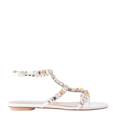 Aquazzura Mystic Stone Embellished Leather Sandals In White