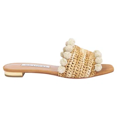 Pre-owned Aquazzura Natural Beige Raffia Pompom Slides Flat Sandals Shoes 36 In Brown