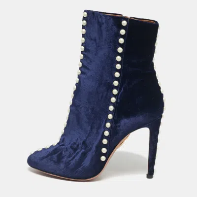 Aquazzura Navy Blue Velvet Follie Pearls Ankle Boots