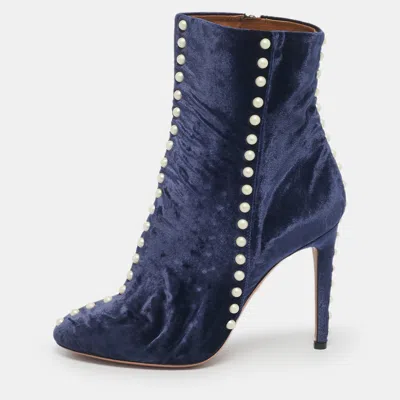 Pre-owned Aquazzura Navy Blue Velvet Follie Pearls Ankle Boots Size 39.5
