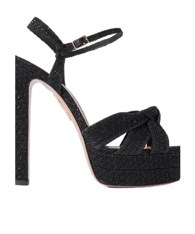 Aquazzura Nina Plateau 130 Knotted Metallic Woven Platform Sandals In Black