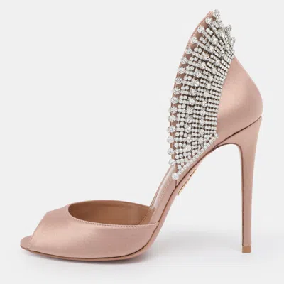 Pre-owned Aquazzura Nude Pink Satin Crystal Embellished Concorde D'orsay Pumps Size 38.5