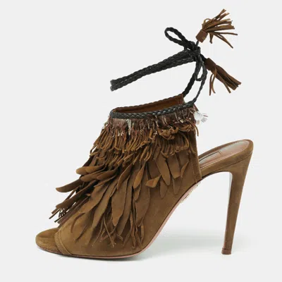 Pre-owned Aquazzura Olive Green Suede Tassel Ankle Tie Sandals Size 39