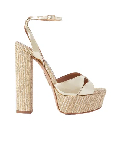Aquazzura Villette 140 Metallic Faux Leather And Raffia Platform Sandals In Gold