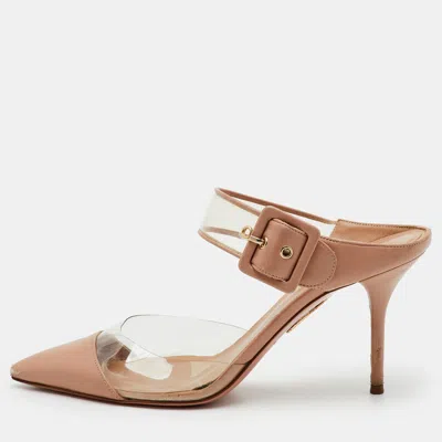 Pre-owned Aquazzura Optic Buckle Size 39.5 Beige Leather And Pvc Pointed Toe Mules