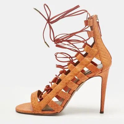 Pre-owned Aquazzura Orange Python Leather Amazon Lace Up Open Toe Sandals Size 41