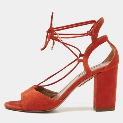 Pre-owned Aquazzura Orange Suede Ankle Strap Block Heel Sandals Size 37.5