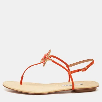 Pre-owned Aquazzura Orange Suede Star Embellished Slingback Sandals Size 39