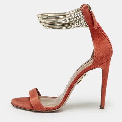 Pre-owned Aquazzura Orange/gold Leather And Suede Ankle Strap Sandals Size 37