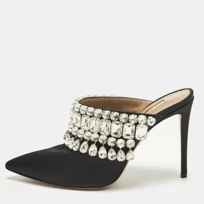 Pre-owned Aquazzura Palace Size 38 Black Satin Crystal-embellished Mules