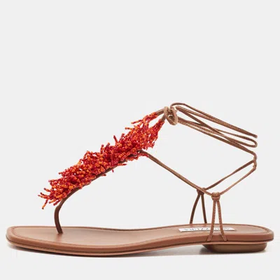 Pre-owned Aquazzura Panarea Size 40 Brown Leather Thong Flats Ankle Tie Sandals