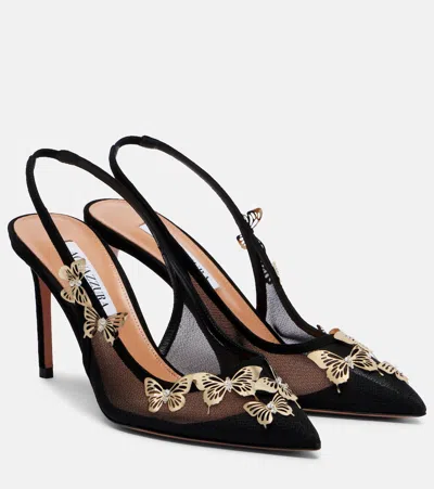 Aquazzura Papillon Embellished Mesh Slingback Pumps In Black