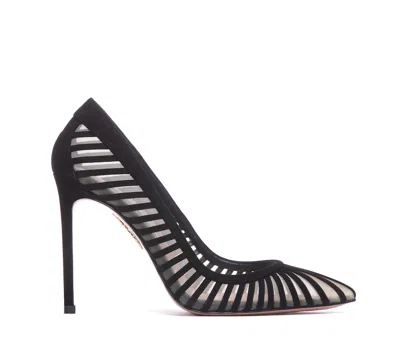 Aquazzura High Heel Pumps With Striped Mesh Detailing In Black