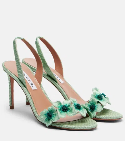 Aquazzura Passionflower 85 Embellished Raffia Slingback Sandals In Green