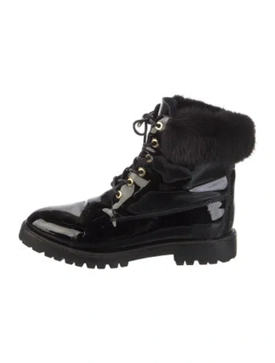 Pre-owned Aquazzura Patent Leather Fur Trim Combat Boots In Black
