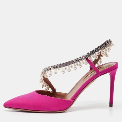 Pre-owned Aquazzura Pink Fabric Crystal Embellished Slingback Pumps Size 36
