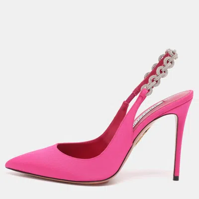 Pre-owned Aquazzura Pink Nylon Love Link Slingback Pumps Size 38