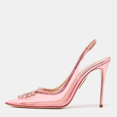 Pre-owned Aquazzura Pink Pvc And Leather Seduction Crystals Slingback Pumps Size 39