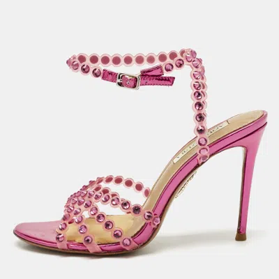 Pre-owned Aquazzura Pink Pvc Love Struck Embellished Ankle Strap Sandals Size 39