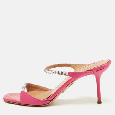 Aquazzura Pink Satin Crystal Embellished Diamante Slide Sandals