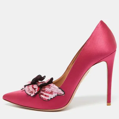 Pre-owned Aquazzura Pink Satin Sequin Embellished Pointed Toe Pumps Size 37.5