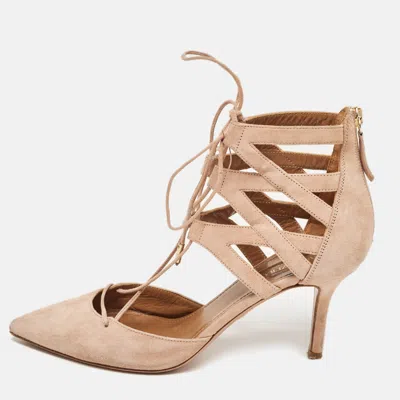 Pre-owned Aquazzura Pink Suede Belgravia Lace Up Pointed Toe Pumps Size 37.5 In Beige