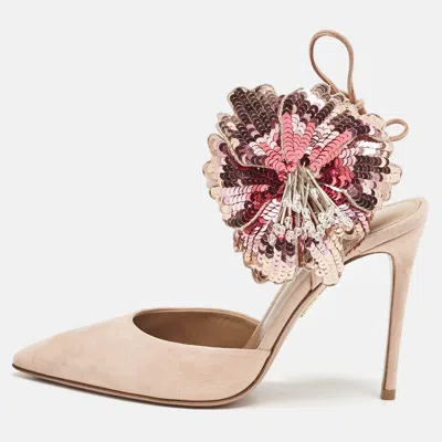Pre-owned Aquazzura Pink Suede Disco Flower Embellished Ankle Tie Sandals Size 36.5