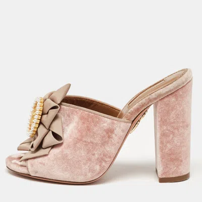Aquazzura Pink Velvet And Fabric Embellished Slide Sandals