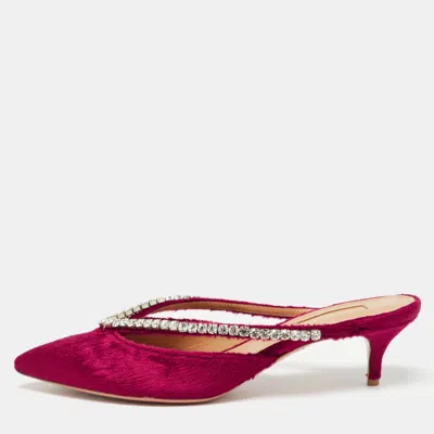 Pre-owned Aquazzura Pink Velvet Crystal Embellished Sabine Mules Size 38