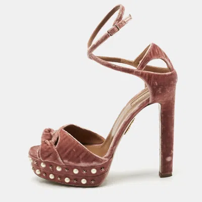 Pre-owned Aquazzura Pink Velvet Mira Embellished Platform Ankle Strap Sandals Size 41
