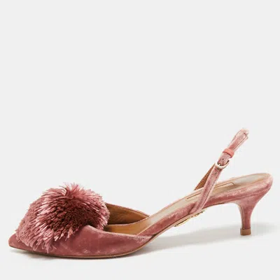 Pre-owned Aquazzura Pink Velvet Powder Puff Slingback Pumps Size 36.5