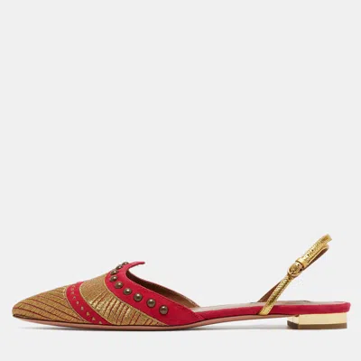 Pre-owned Aquazzura Pink/gold Suede And Leather Marrakech Slingback Flats Size 38