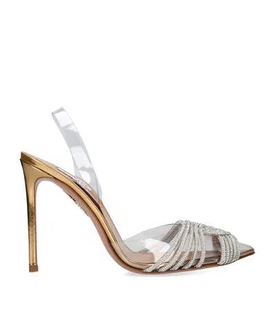 Aquazzura Gatsby Sling 105 Crystal-embellished Pvc And Metallic Leather Pumps In Gold