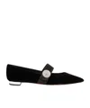 Aquazzura Crystal Macaron Embellished Satin-trimmed Velvet Point-toe Flats In Black