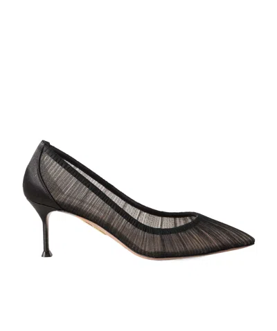 Aquazzura 65 Satin-trimmed Ruched Tulle Point-toe Pumps In Black