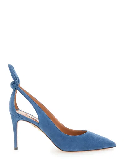 Aquazzura Pointed-toe Suede Pump With Bow Detail And 8.5 Cm Stiletto Heel In Blue