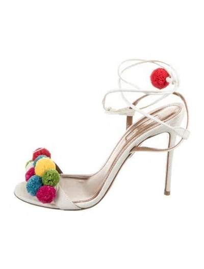 Pre-owned Aquazzura Polka Dot Print Pom-pom Embellishments Sandals In Neutral