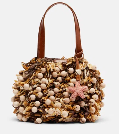 Aquazzura Pom Pom Leather-trimmed Beaded Woven Raffia Mini Bag In Brown