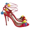 Aquazzura Pom Pom Lace Up Sandals In Red Raffia In Multi
