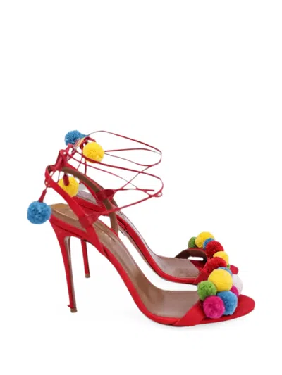 Pre-owned Aquazzura Pom Pom Lace-up Sandals In Red