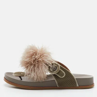 Pre-owned Aquazzura Pom Pom Size 39.5 Taupe Grey Velvet Thong Flat Sandals