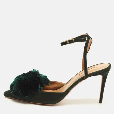 Pre-owned Aquazzura Pom Pom Size 40 Dark Green Suede Ankle Strap Pumps