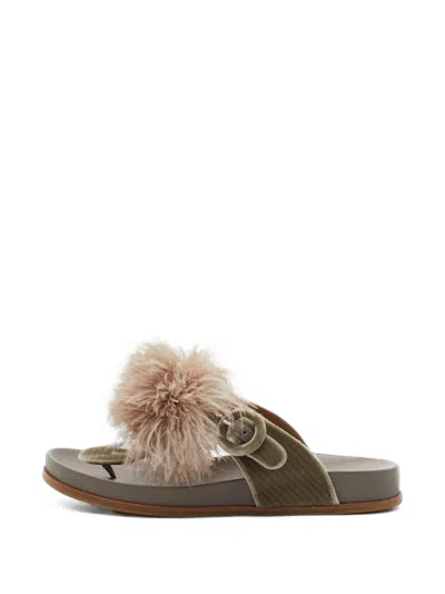 Pre-owned Aquazzura Pom Pom Velvet Sandals In Neutrals