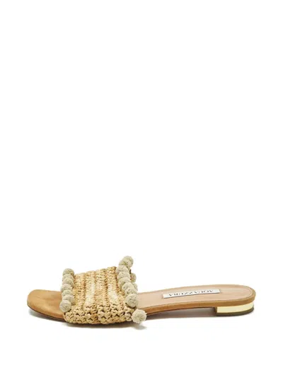 Pre-owned Aquazzura Pom Pom Woven Sandals In Neutral
