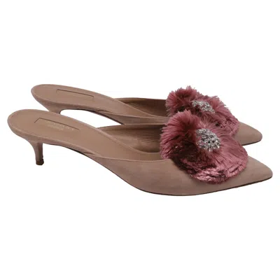 Aquazzura Pom-pom Embellished Pointed-toe Mules In Beige Suede In Brown