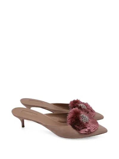 Pre-owned Aquazzura Pom-pom Embellished Pointed-toe Mules In Neutrals