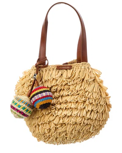 Aquazzura Pompom Mini Raffia & Leather Tote In Brown